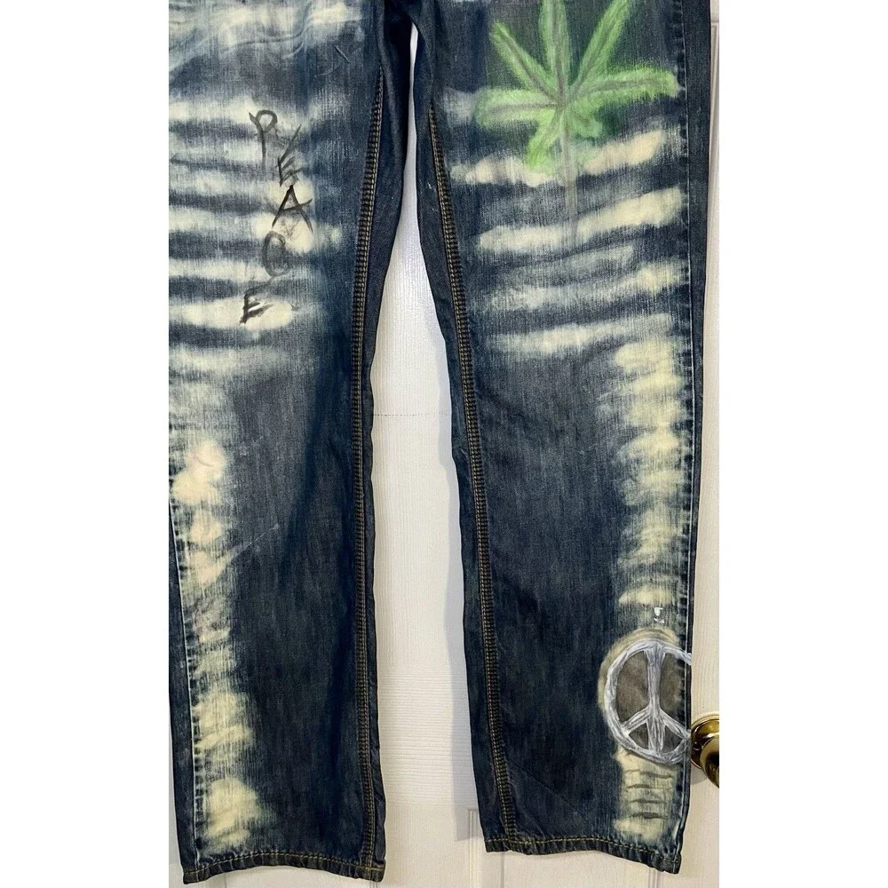 Helix 34 X 32 Men's Custom Graphic Denim Jeans - Peace & Leaf Bleach Wash